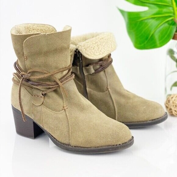 Eddie Bauer Women's Louise Boot Size 6.5 Block Heel Tan Beige Leather Shearling - Picture 1 of 10
